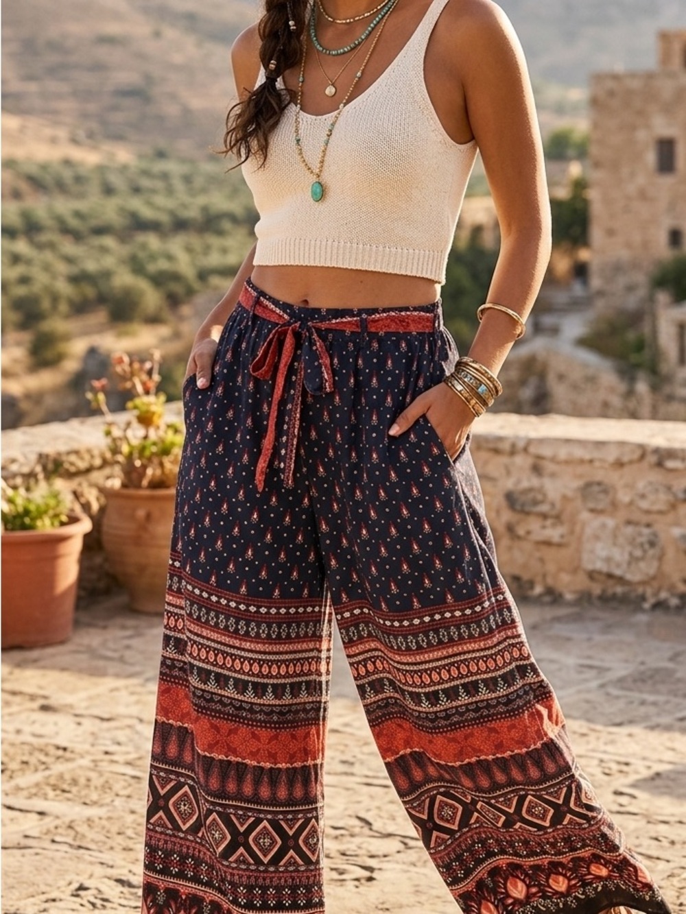 Live 4 Truth Boho Wide Leg Palazzo Pants Size 1X Border Print Geometric